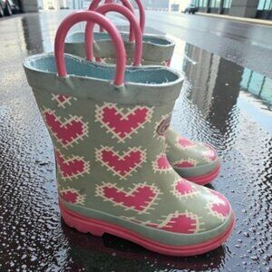 OUTEE Green and Pink Heart Print Waterproof Rain Boots Youth Girls Size 8